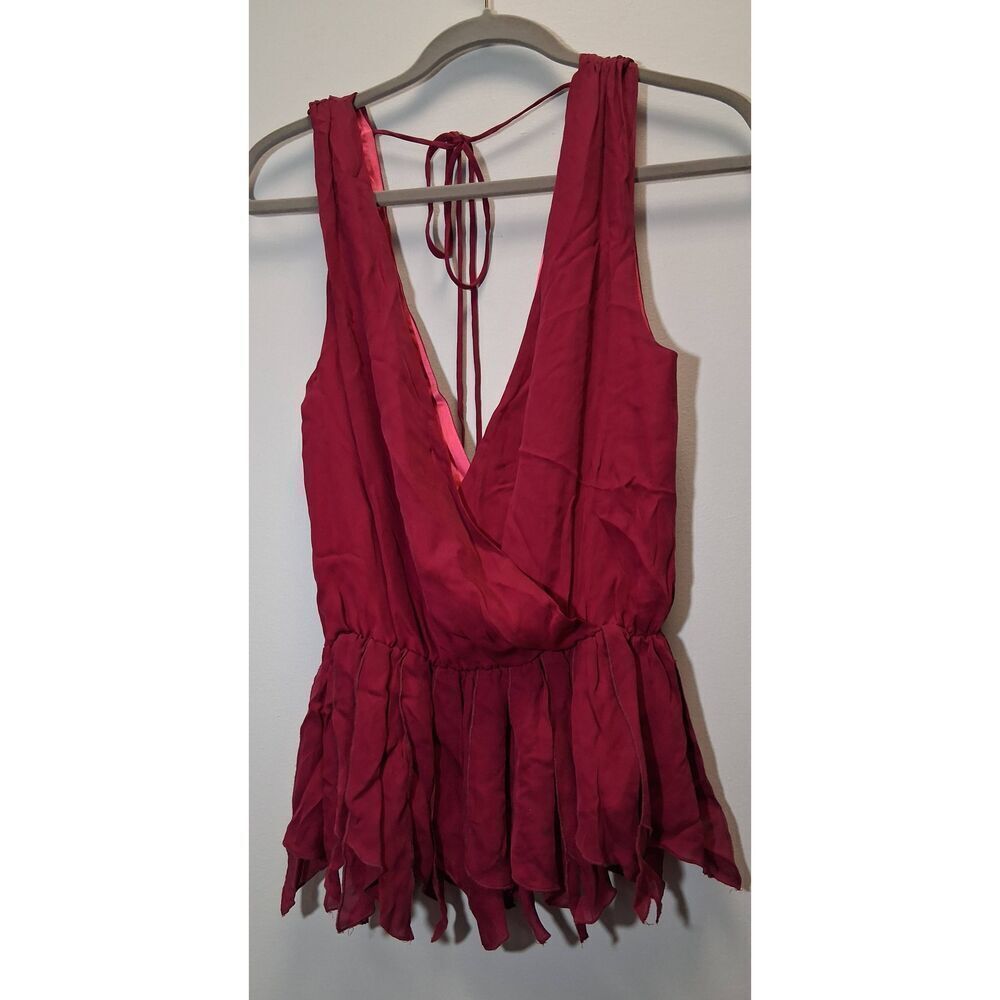 Alice Olivia women small 100% silk blouse plum wine cranberry fringe top peplum